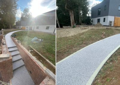 Curved resin pathway under construction in garden