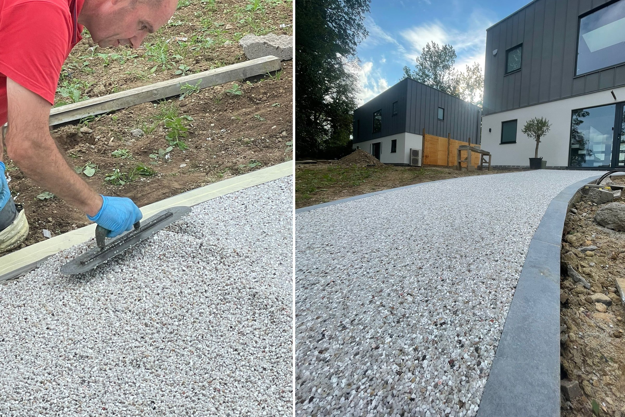 Person working on resin pathway installation.