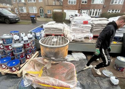 Construction materials and worker on site